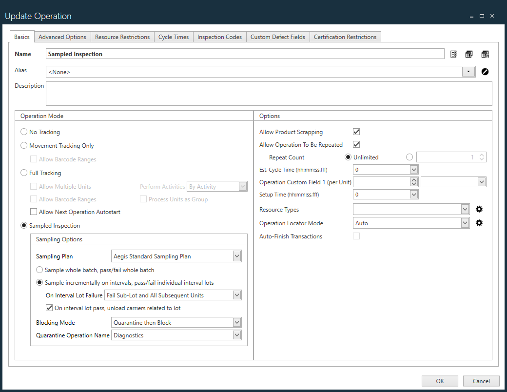 Sampled Inspection options - Update Operation dialog