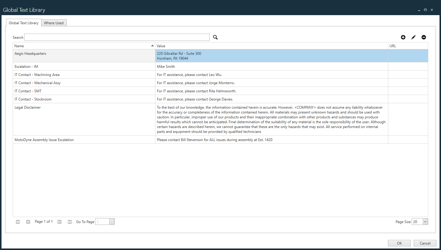 Global Text Library window