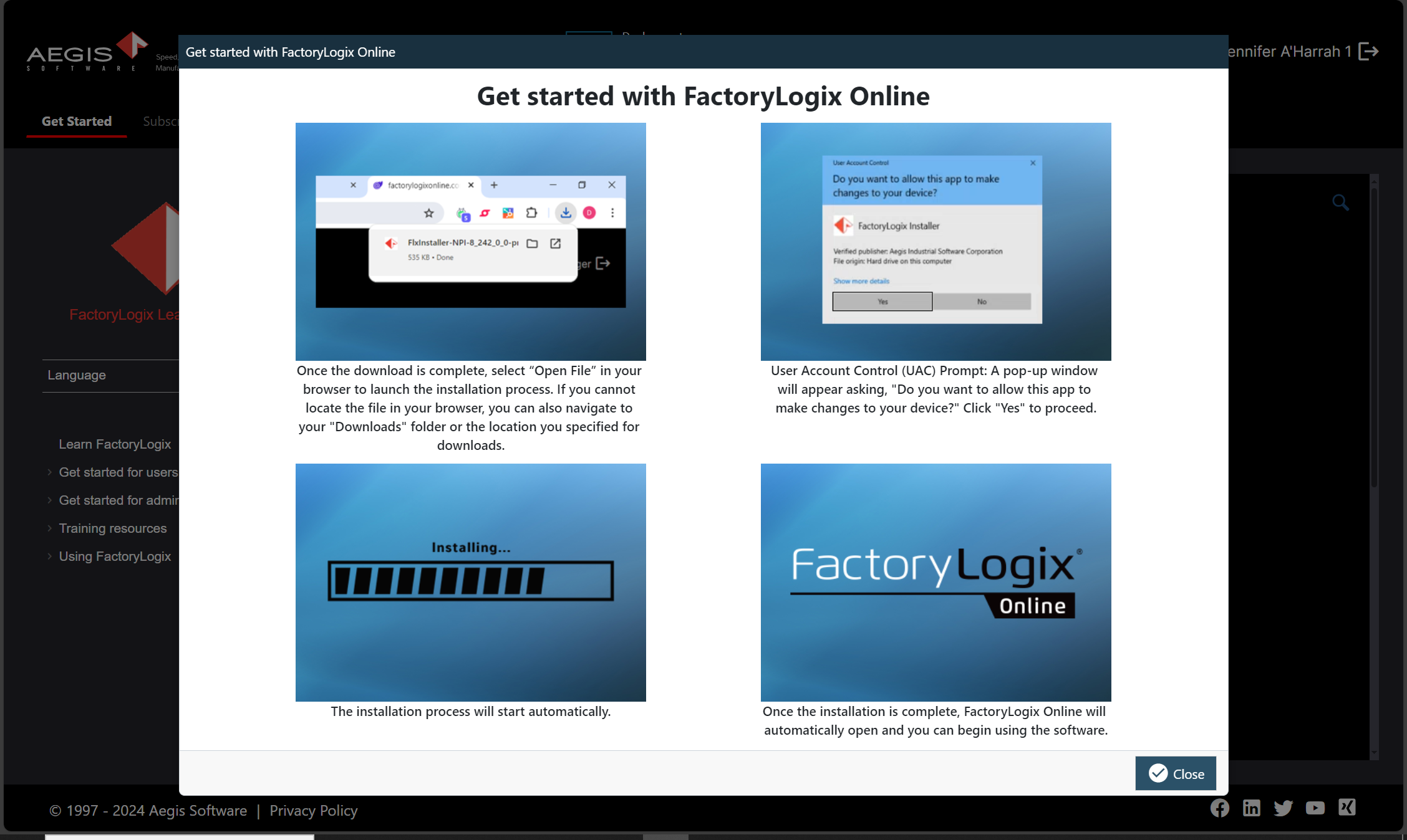 Get Started with FactoryLogix screen