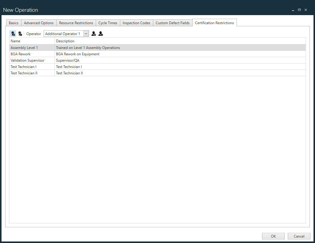 Certification Restrictions tab - New Operation dialog