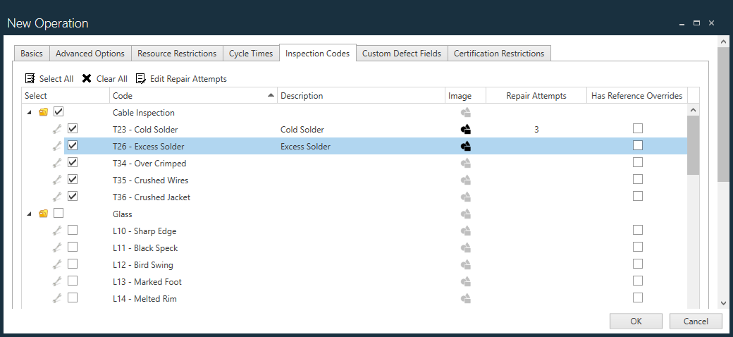 Excess Solder inspection code selected
