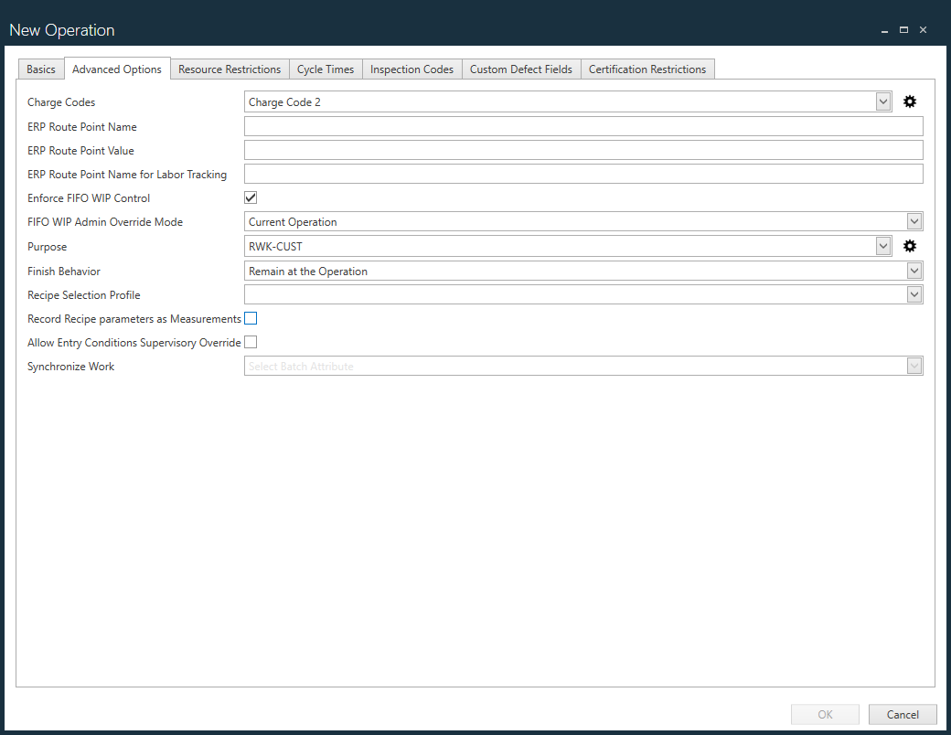 New Operation dialog - Advanced Options tab