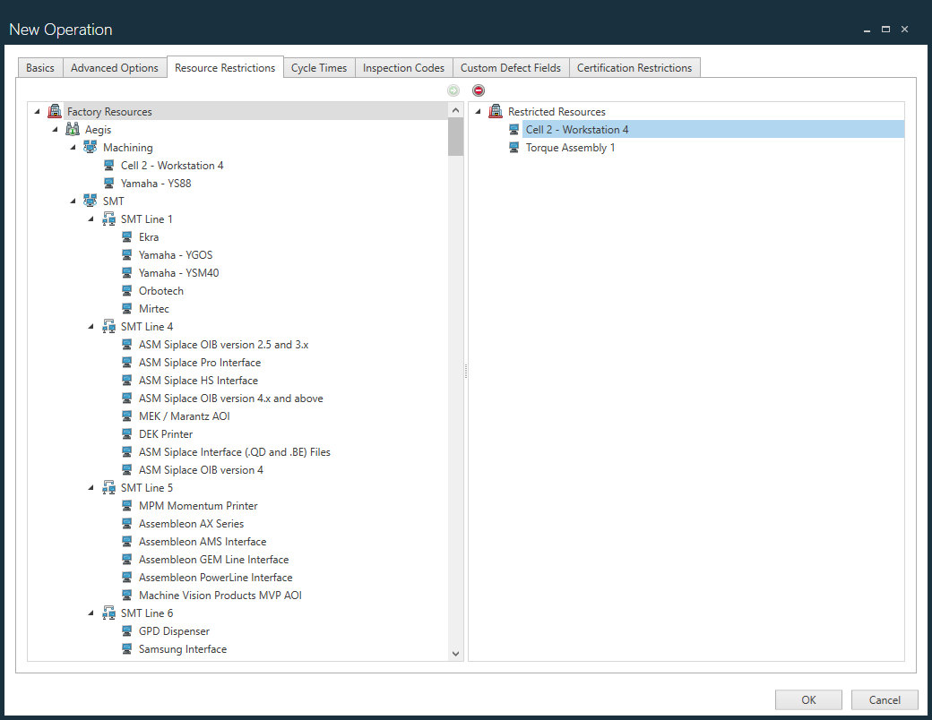 Resource Restrictions tab - New Operation dialog