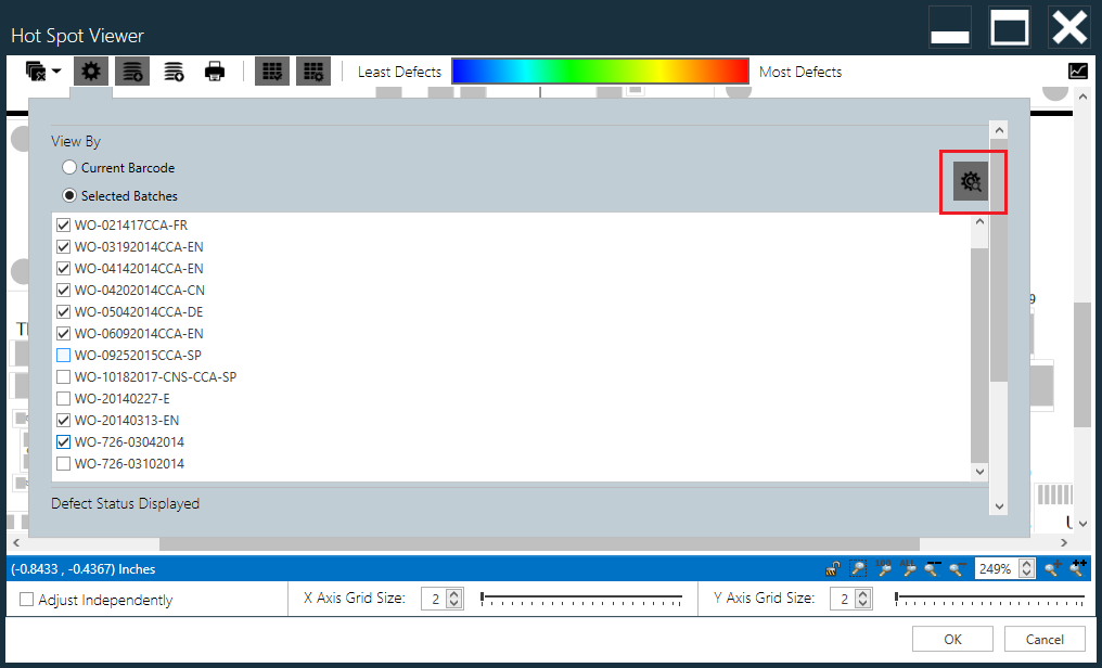 Select the batches for which you want to display defects to display