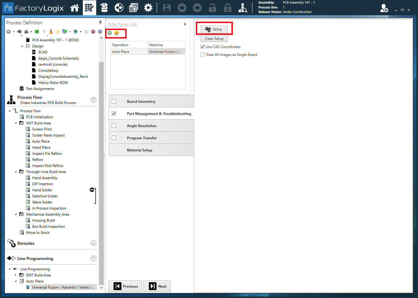 Machine List window Settings and Setup options