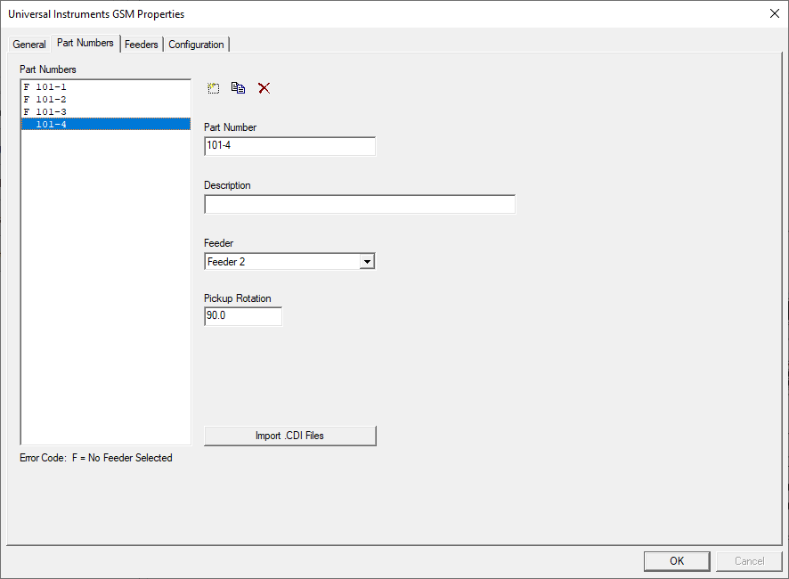 Universal Properties dialog CDI format - Part Numbers tab