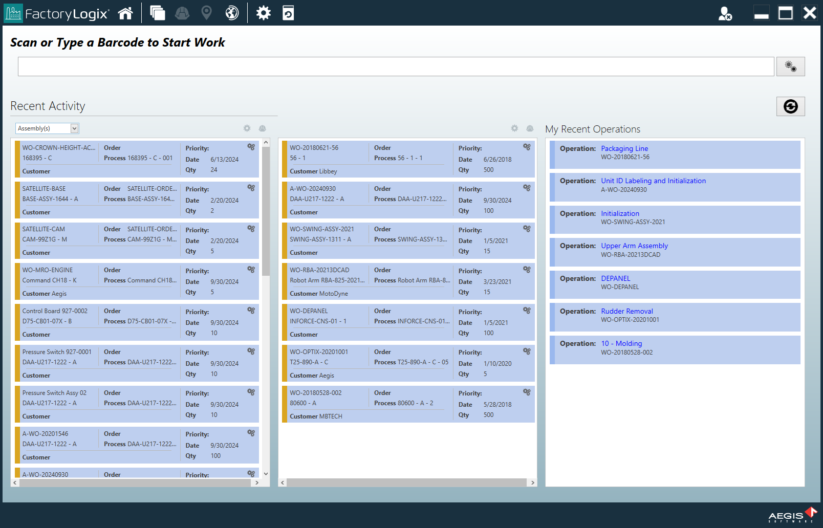 Operations for a selected batch display on the right side of the window