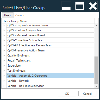 Select User - User Group dialog