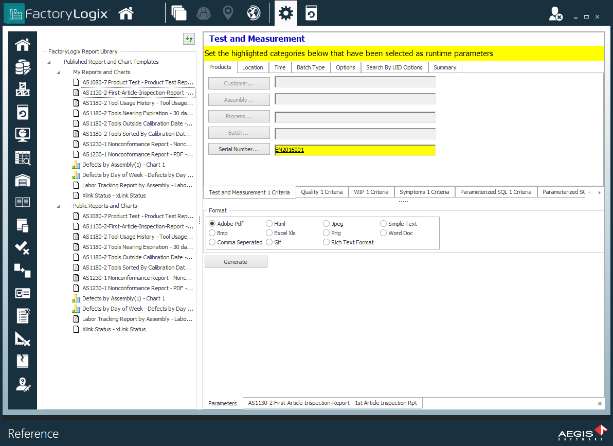 Select a report template on the left side of the window