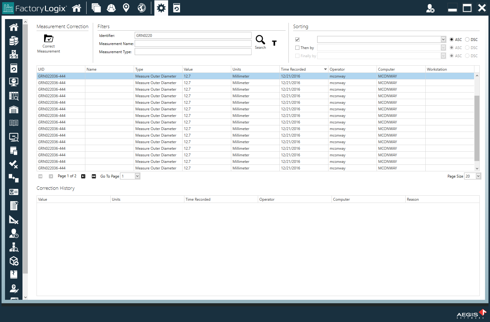 Measurement Correction window