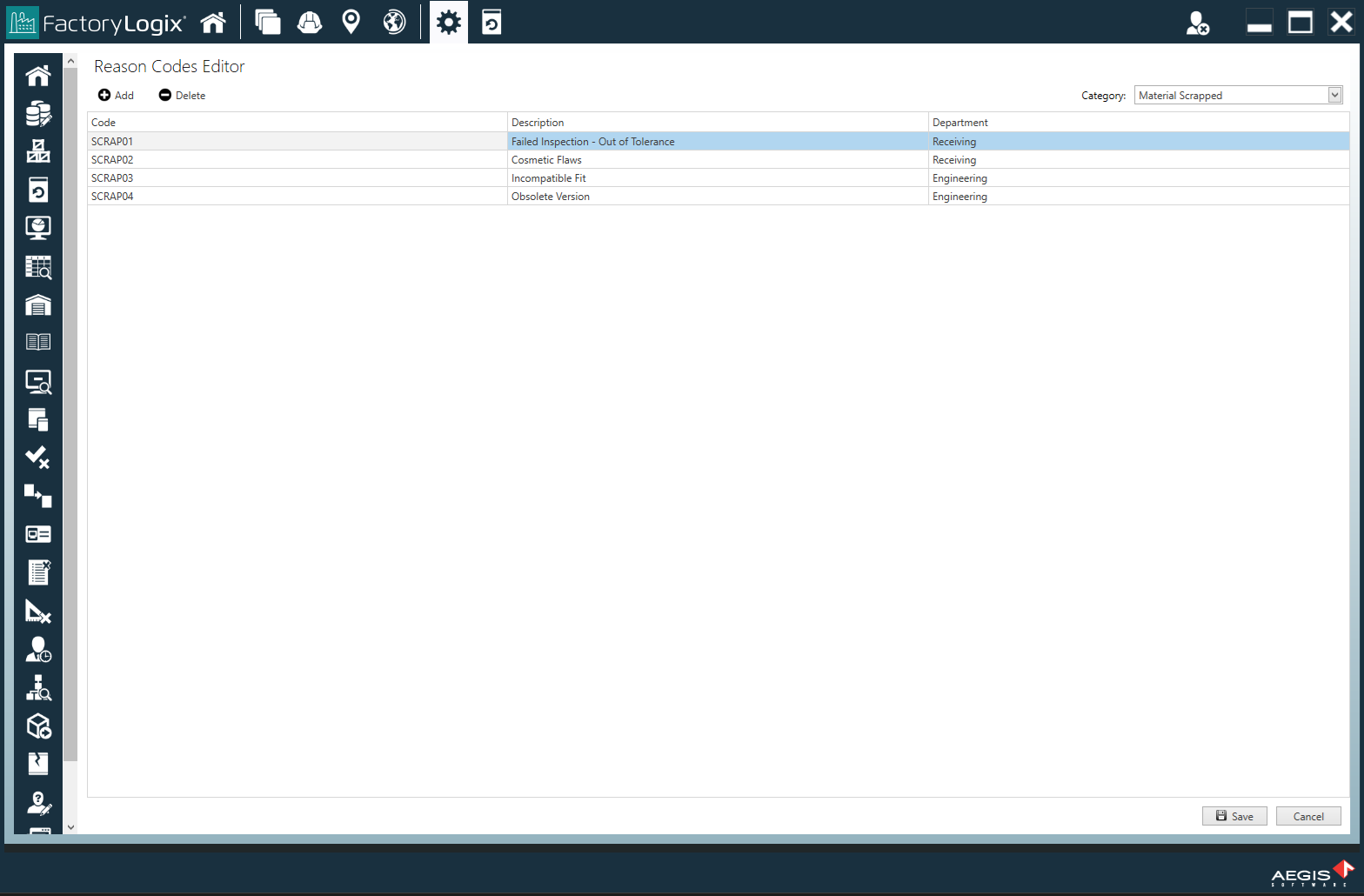 Reason Codes Editor window