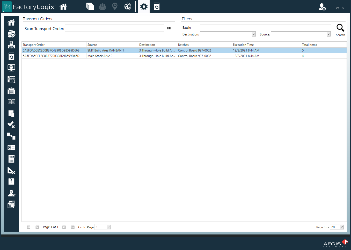 Executed transport orders in FactoryLogix Operations