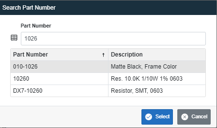 Search Part Number dialog