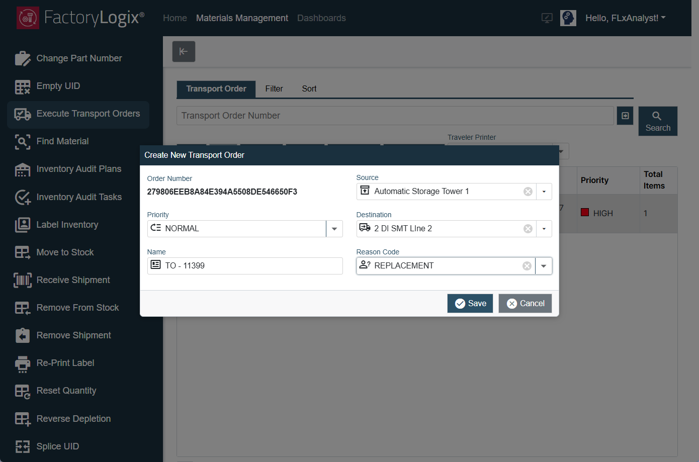 Create New Transport Order dialog