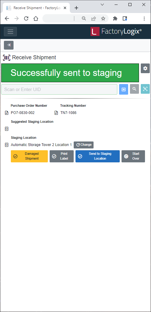 Receive Shipment confirmation message