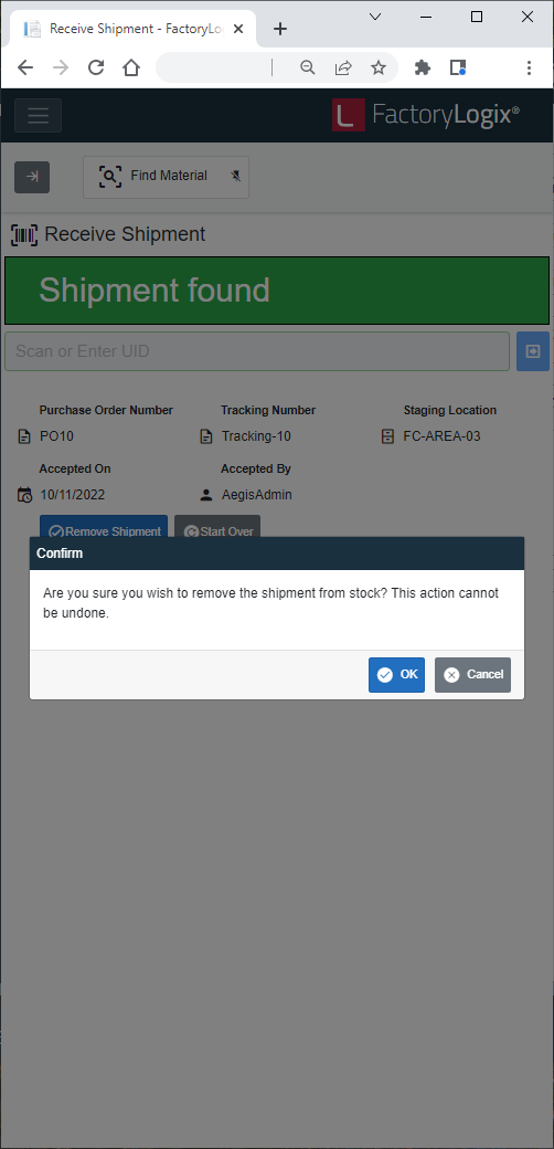 Remove shipment from stock confirmation message