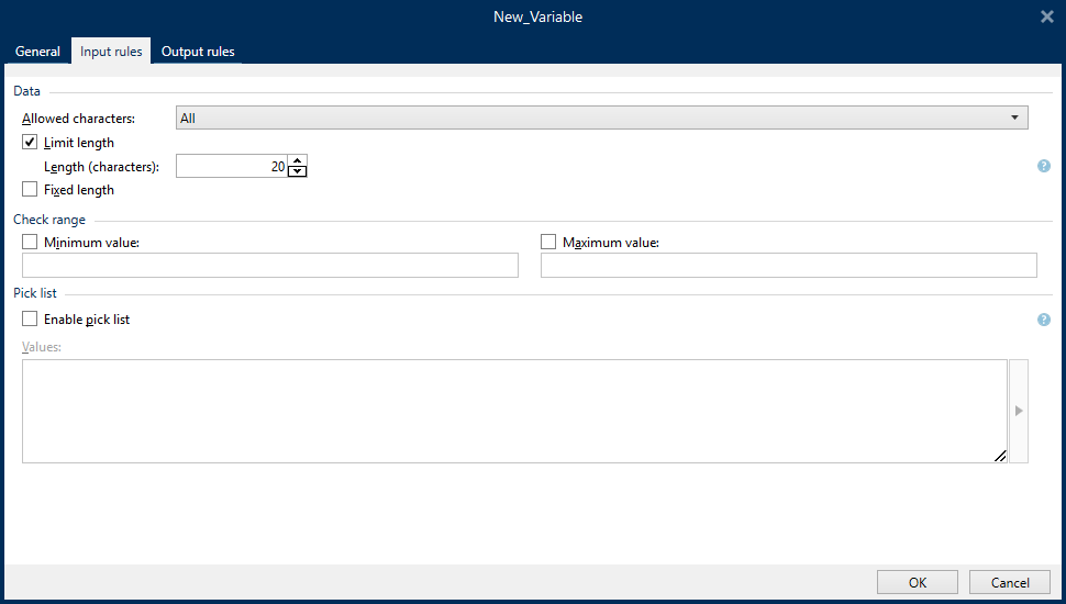 New Variable dialog Input rules tab