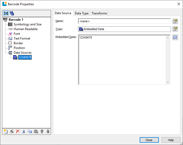 Barcode Properties dialog - select barcode template name