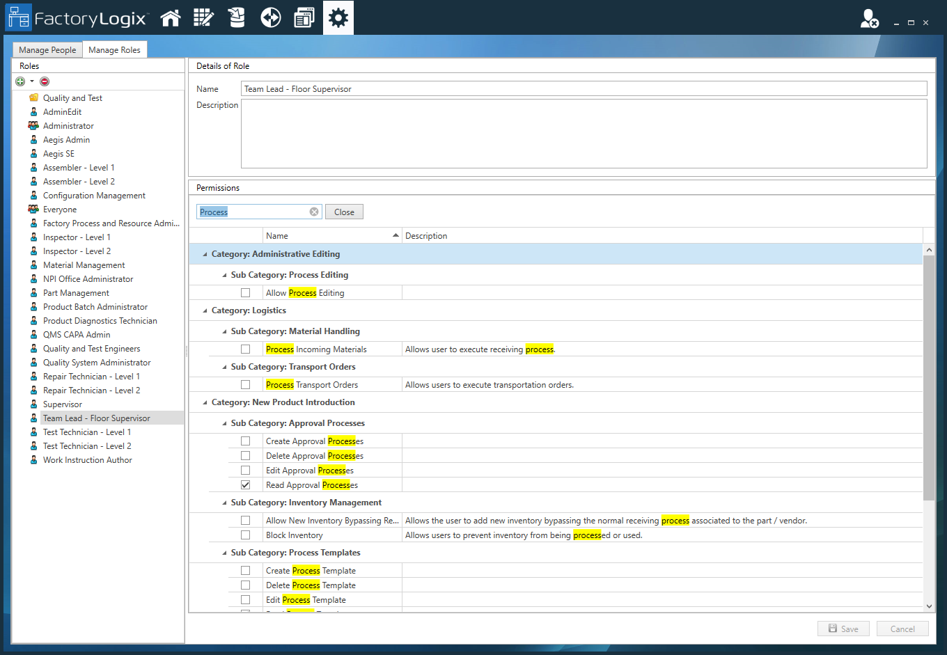 Use the Search box to find permissions