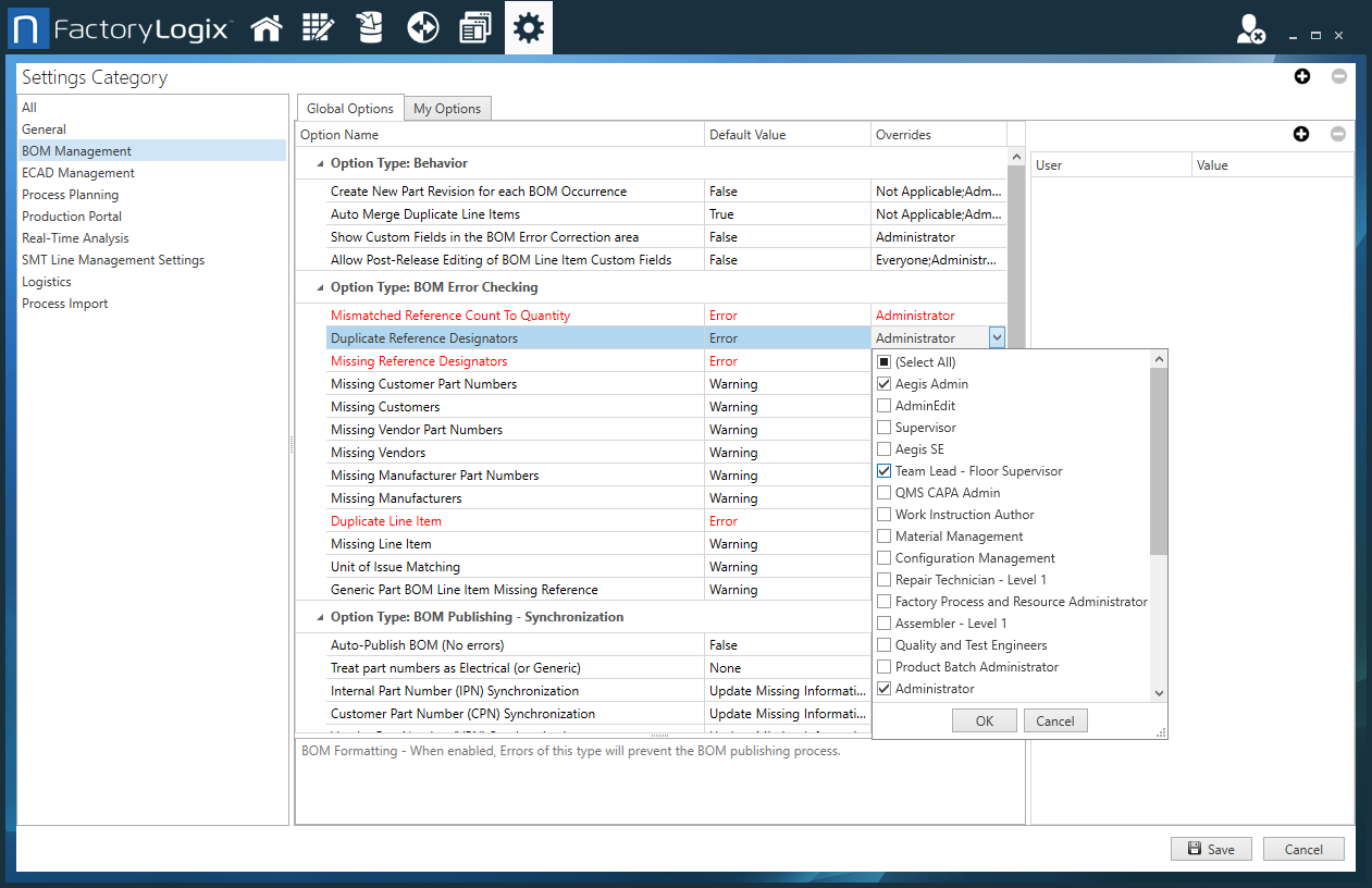 Use the Overrides column to select the user roles who can override a global setting