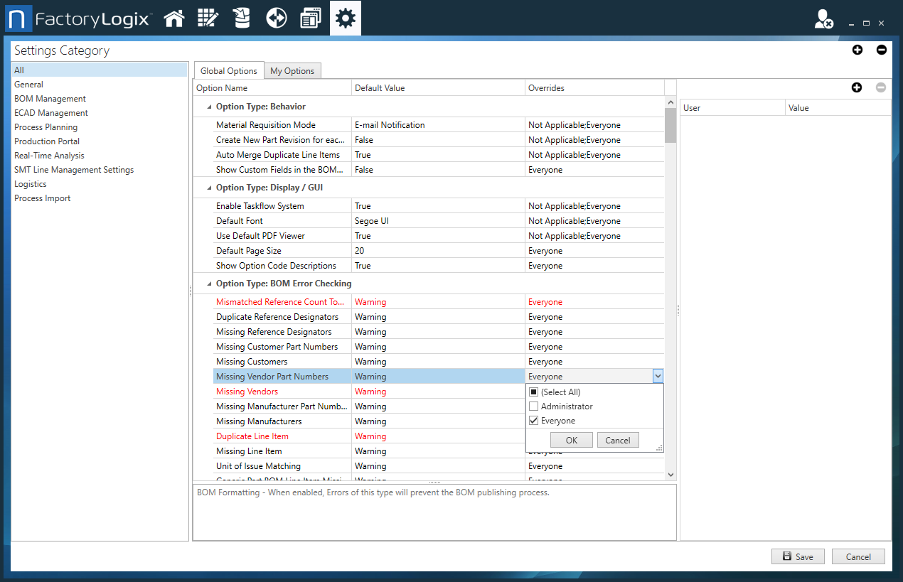 Overridden options display in Red