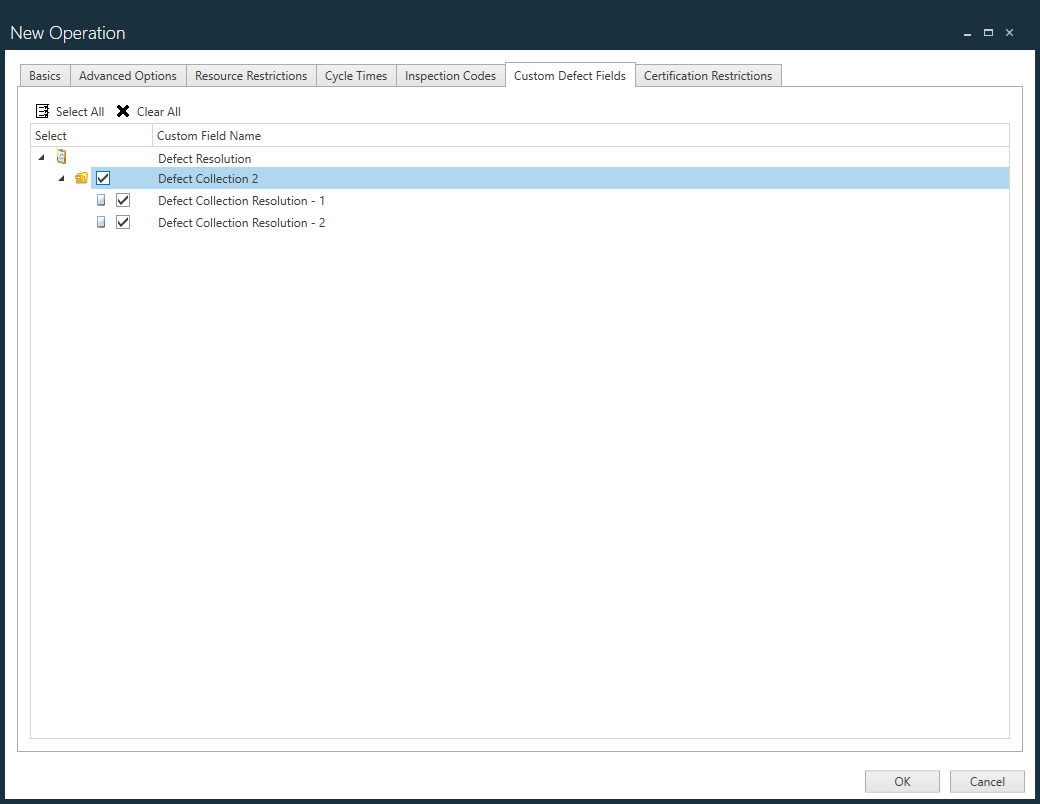 Custom Defect Fields tab - New Operation dialog