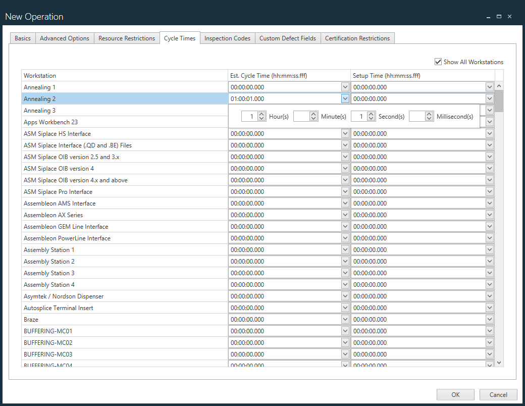 Cycle Times tab - New Operation dialog