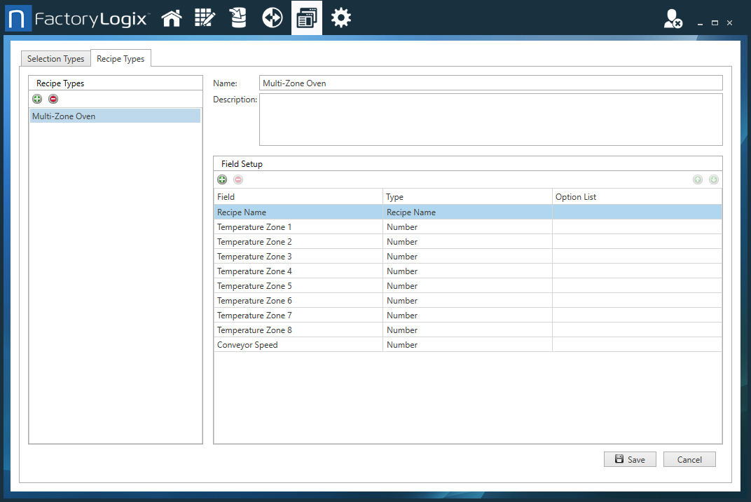 Recipe Types tab - Oven Example