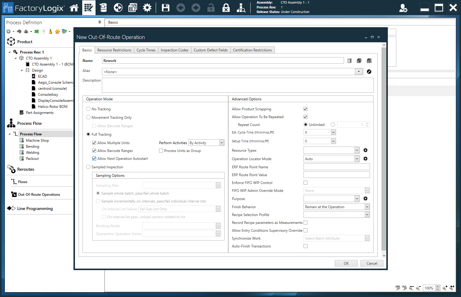 New Out-Of-Route Operation dialog