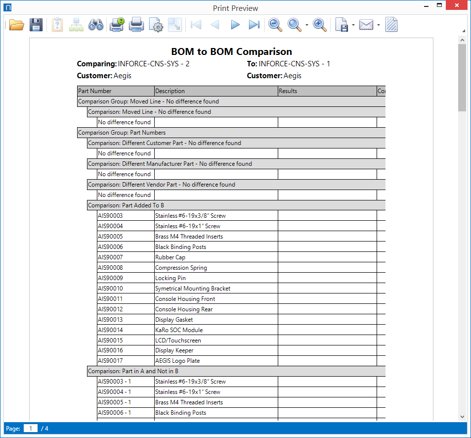 BOM to BOM Comparison Print Preview window