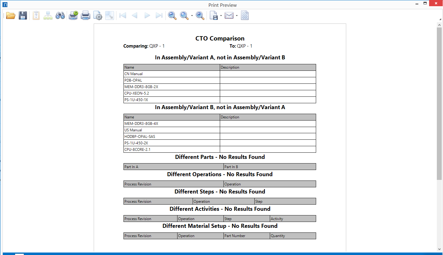 Print Preview for CTO comparison report
