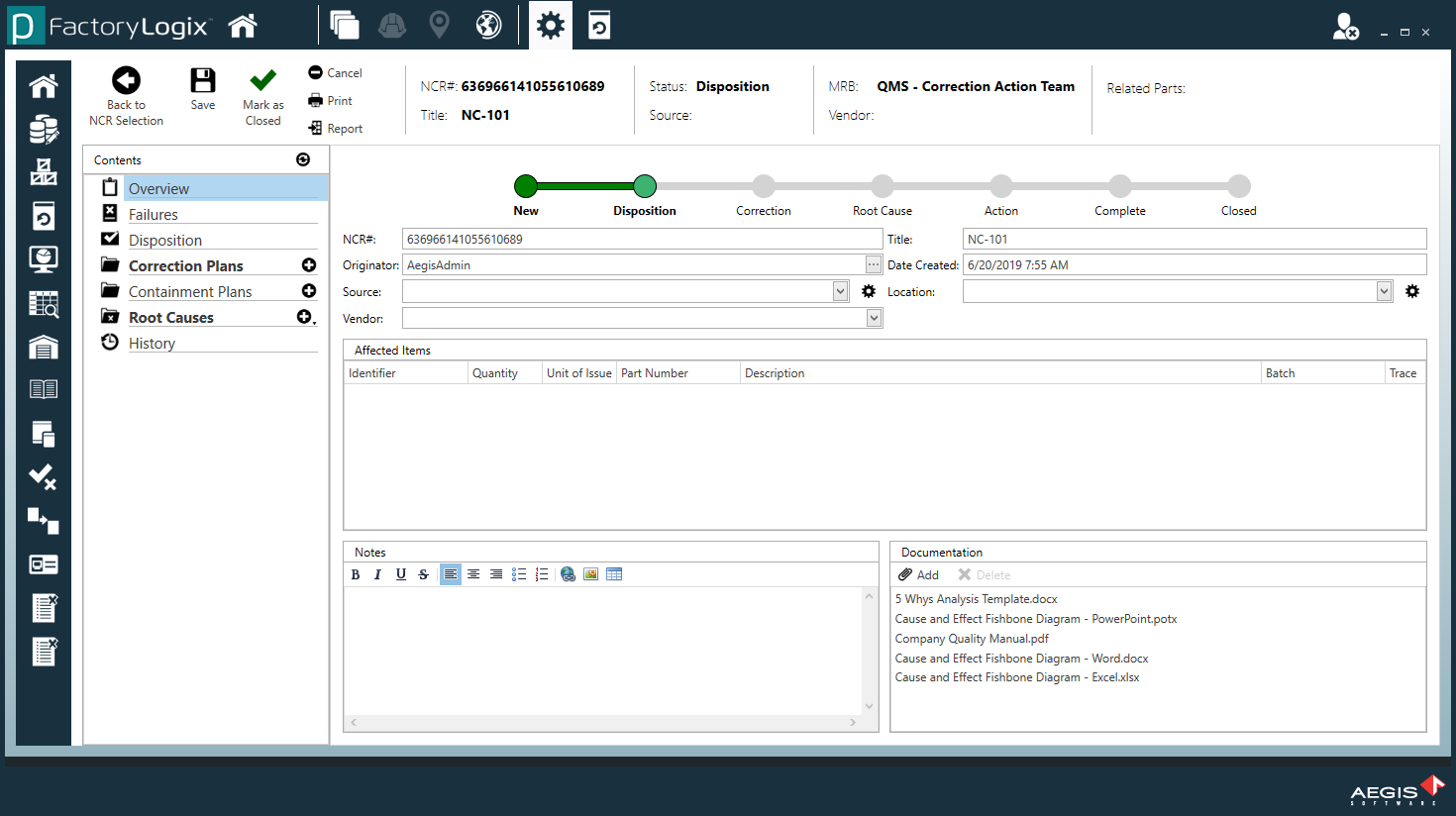 Non-Conformance window