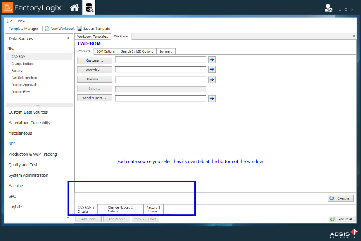 Each data source has its own tab