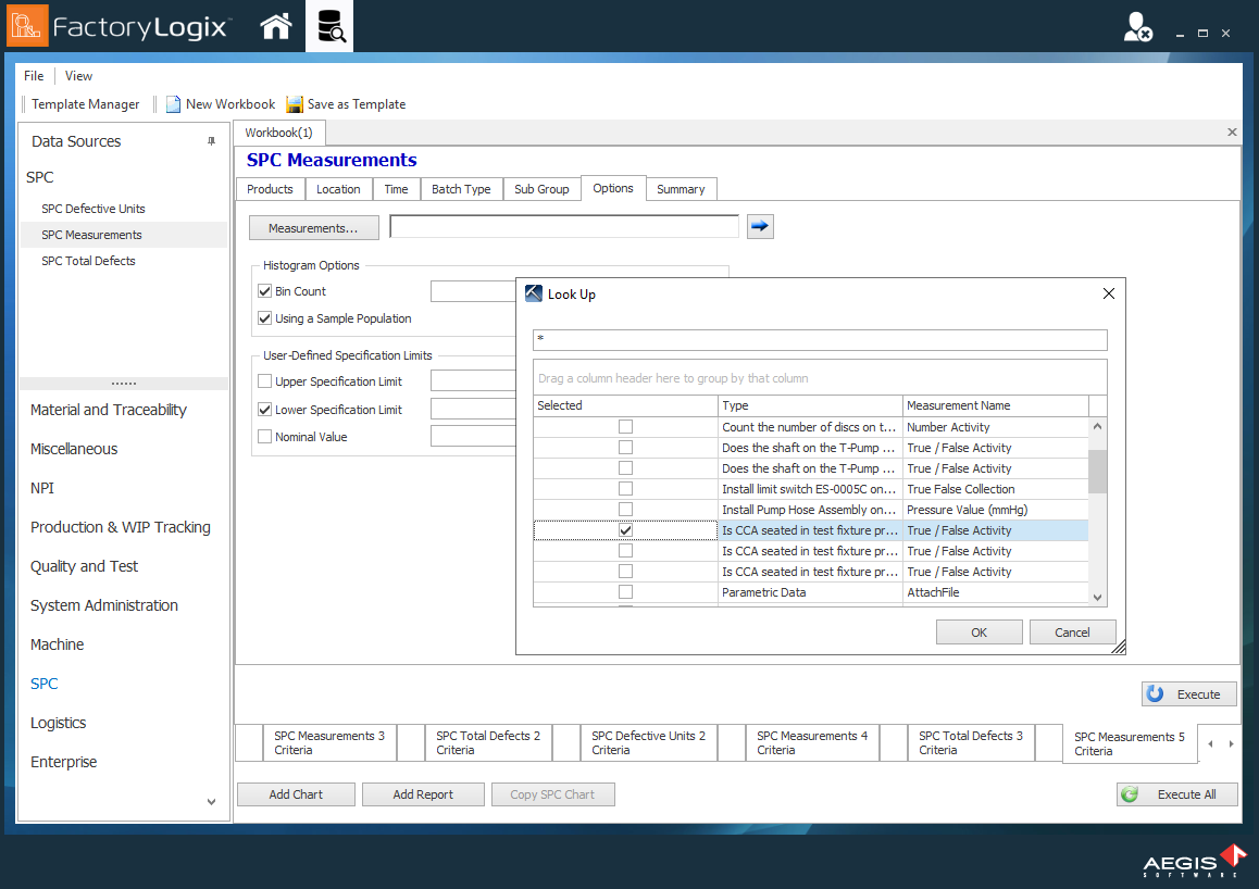 SPC Measurements Look Up dialog