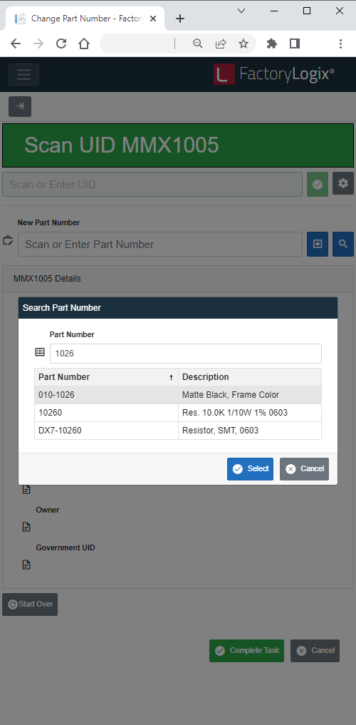 Search Part Number Dialog