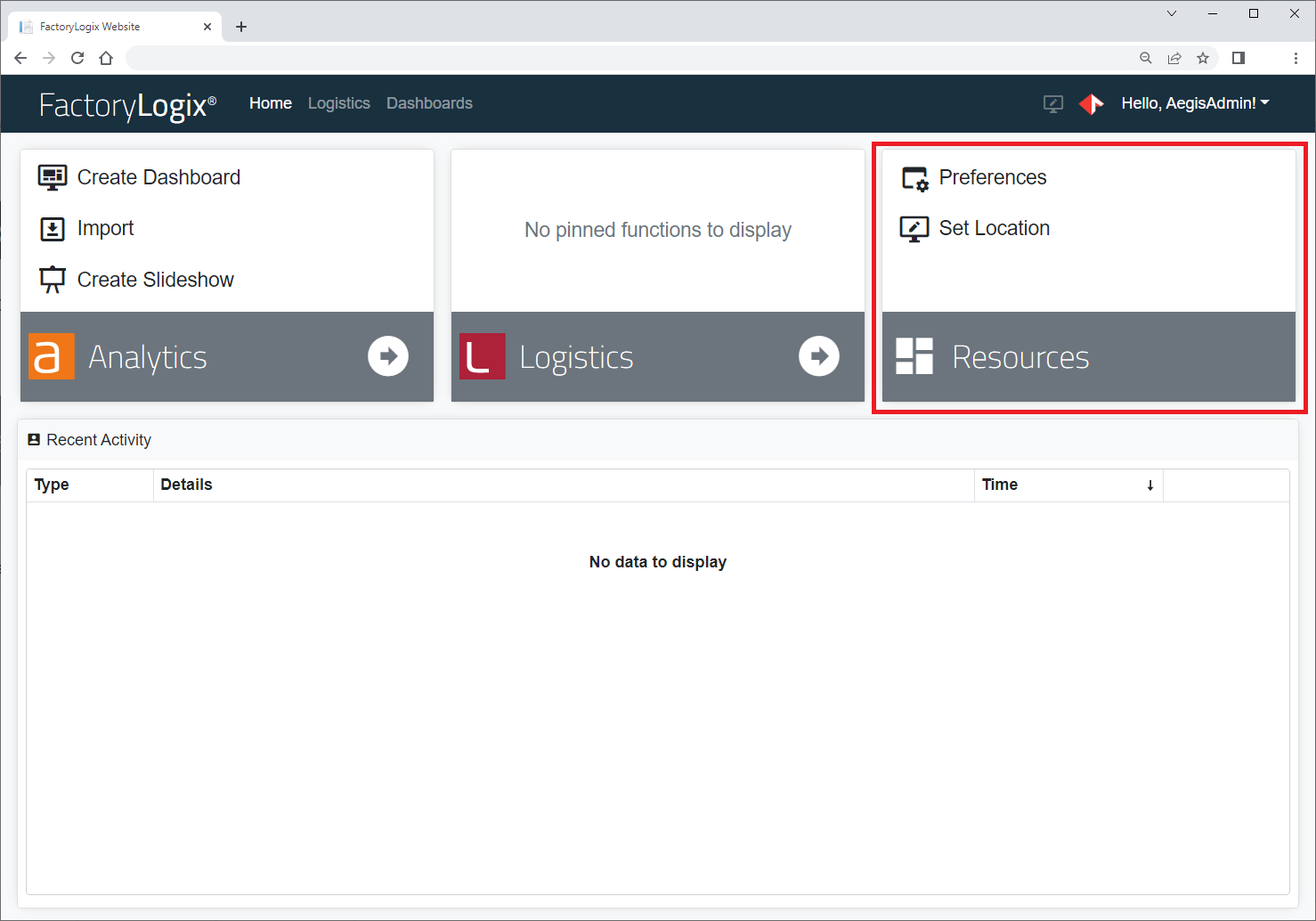 FactoryLogix Home window - Resources