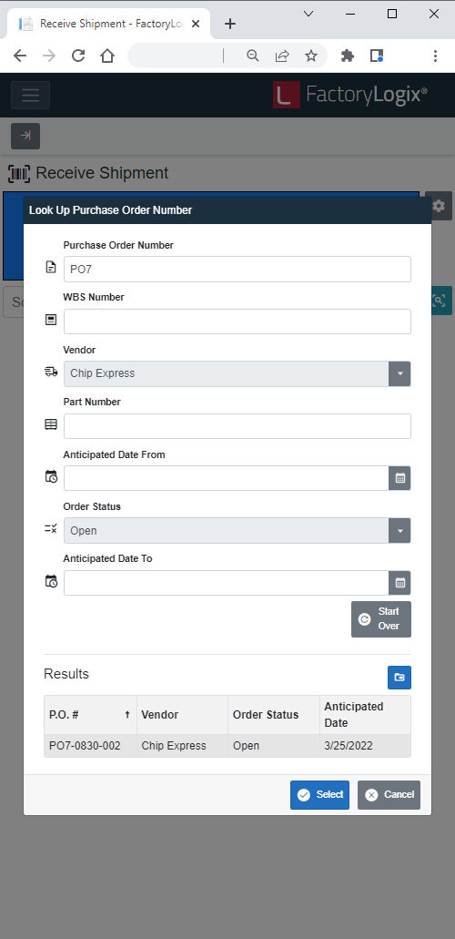 Look Up Purchase Oreder Number dialog
