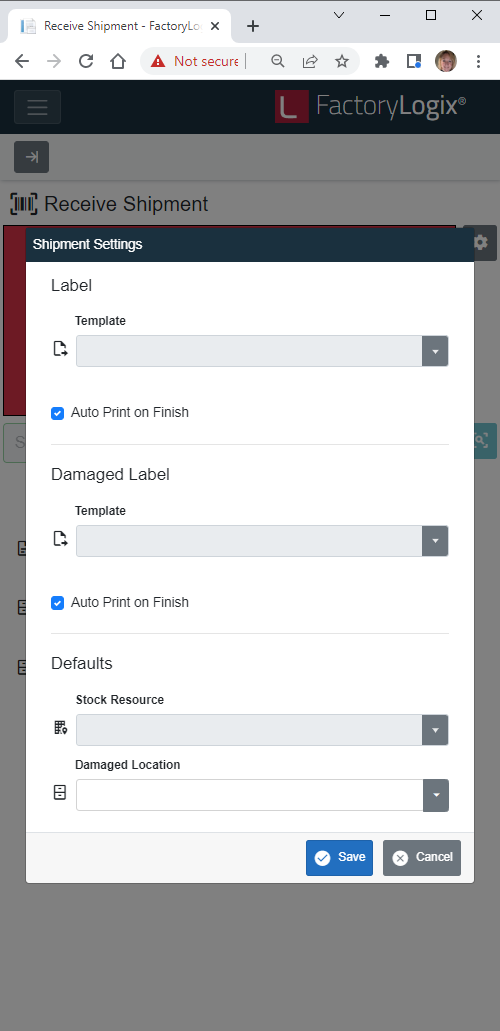 Shipment Settings dialog