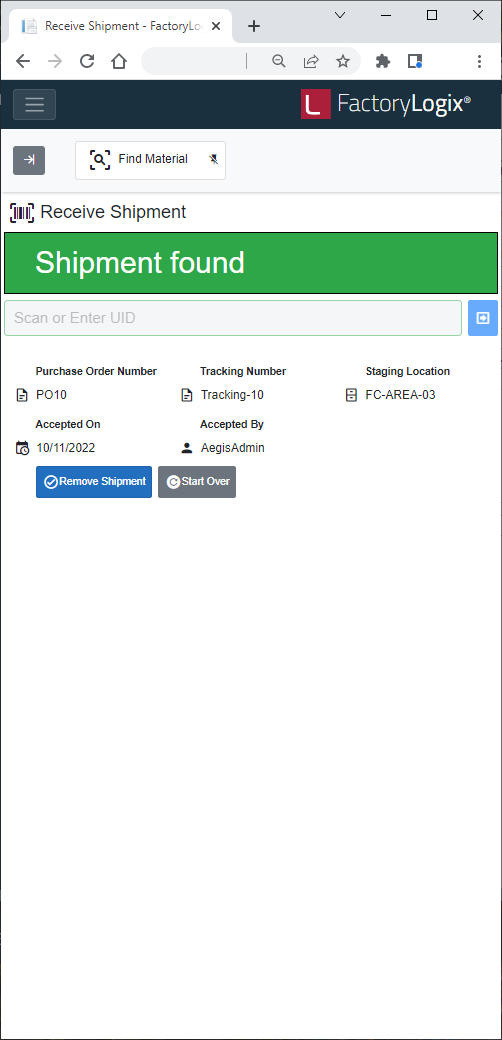 Shipment Found message