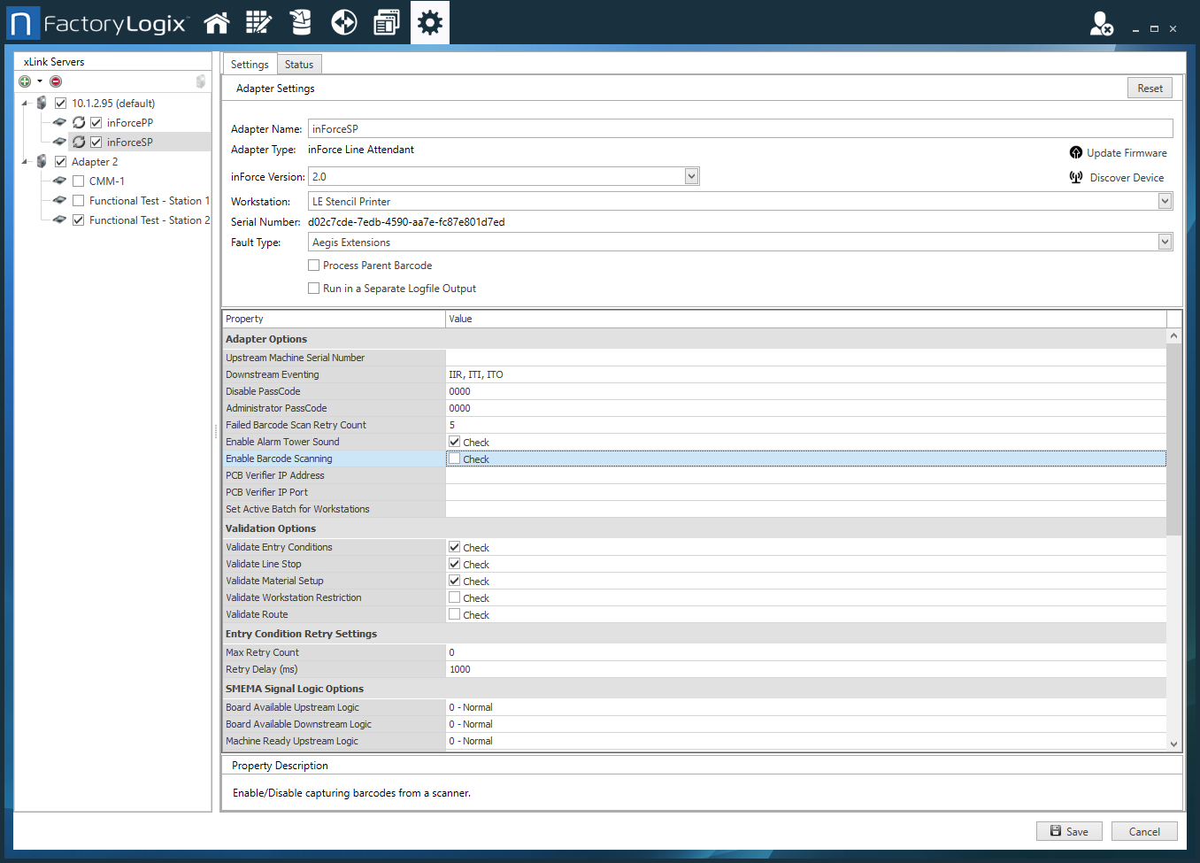 inForce 2.0 adapter settings (Settings tab)
