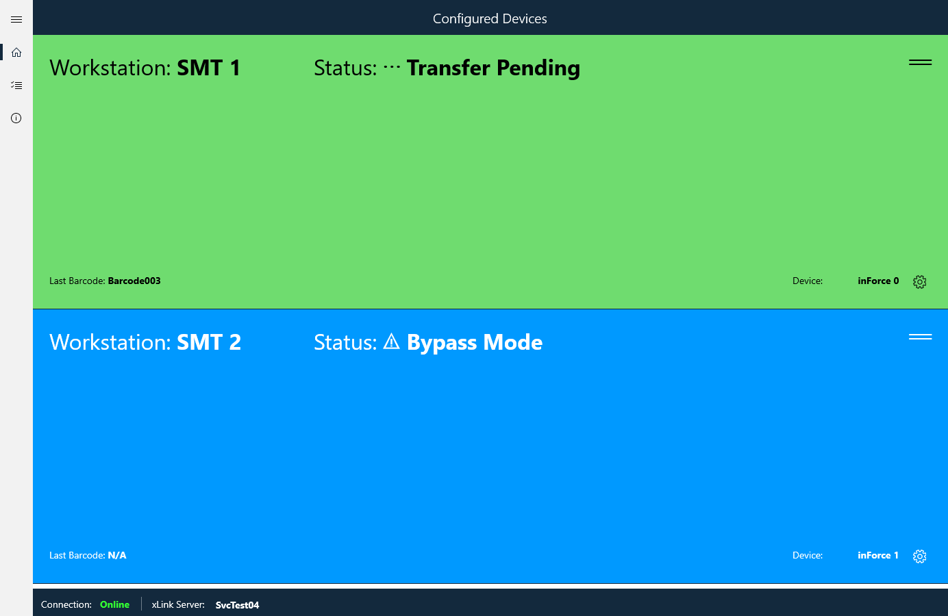 inForce displaying Green and Blue statuses (two devices shown)