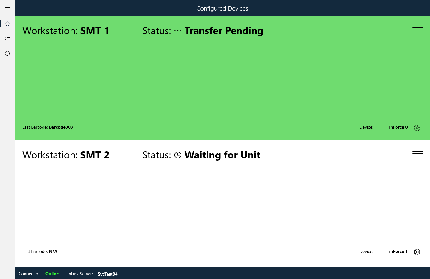 inForce displaying Green and White statuses (two devices shown)