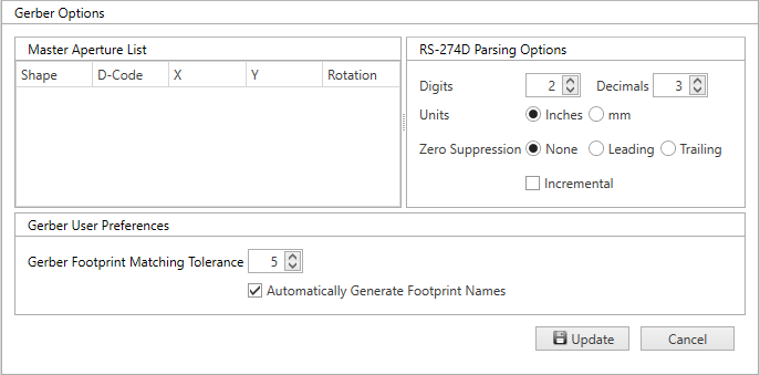 Gerber Options dialog