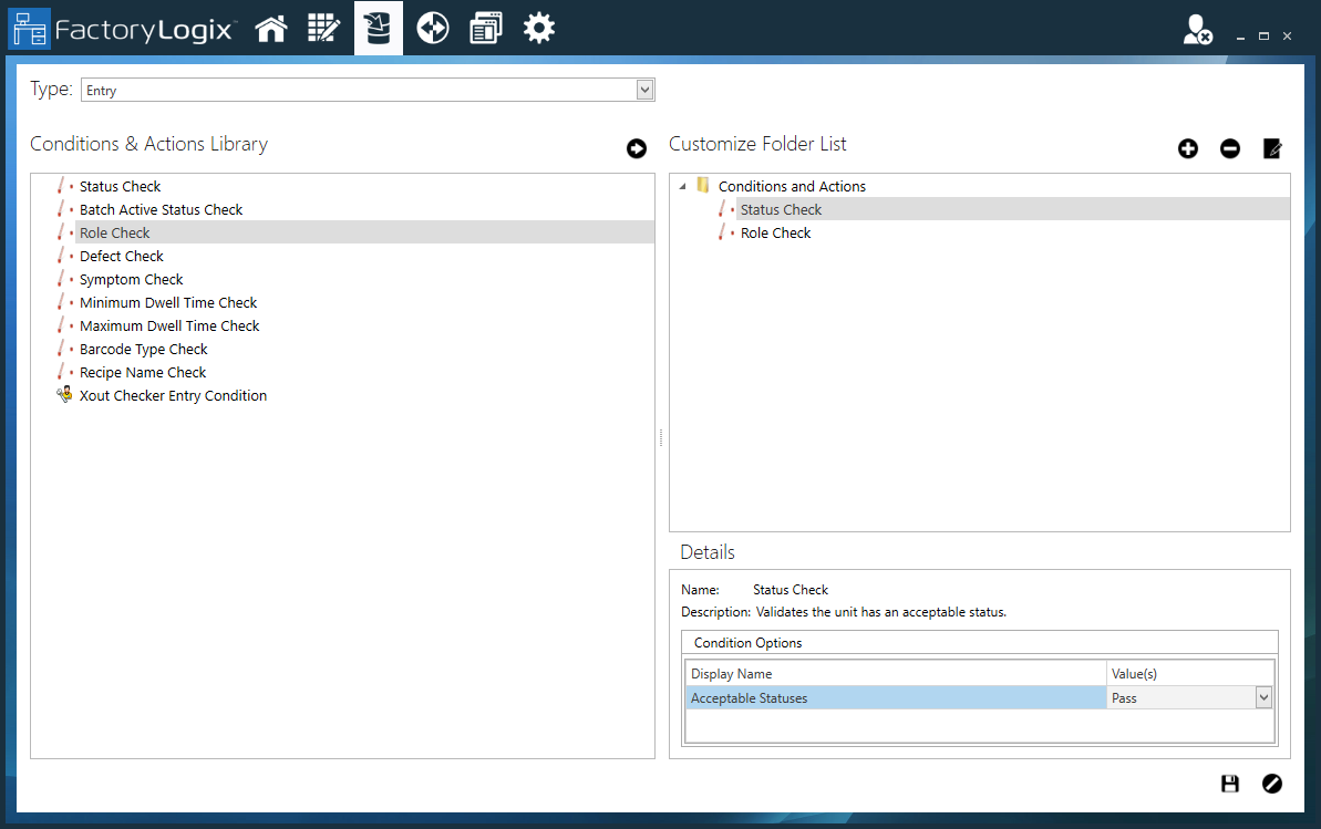 Conditions and Actions Library window