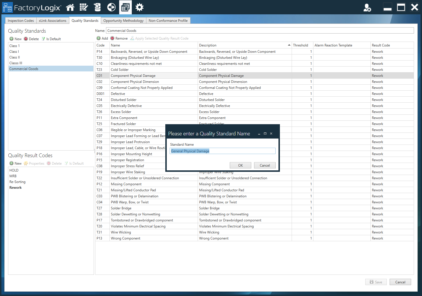 Enter a Quality Standard Name dialog