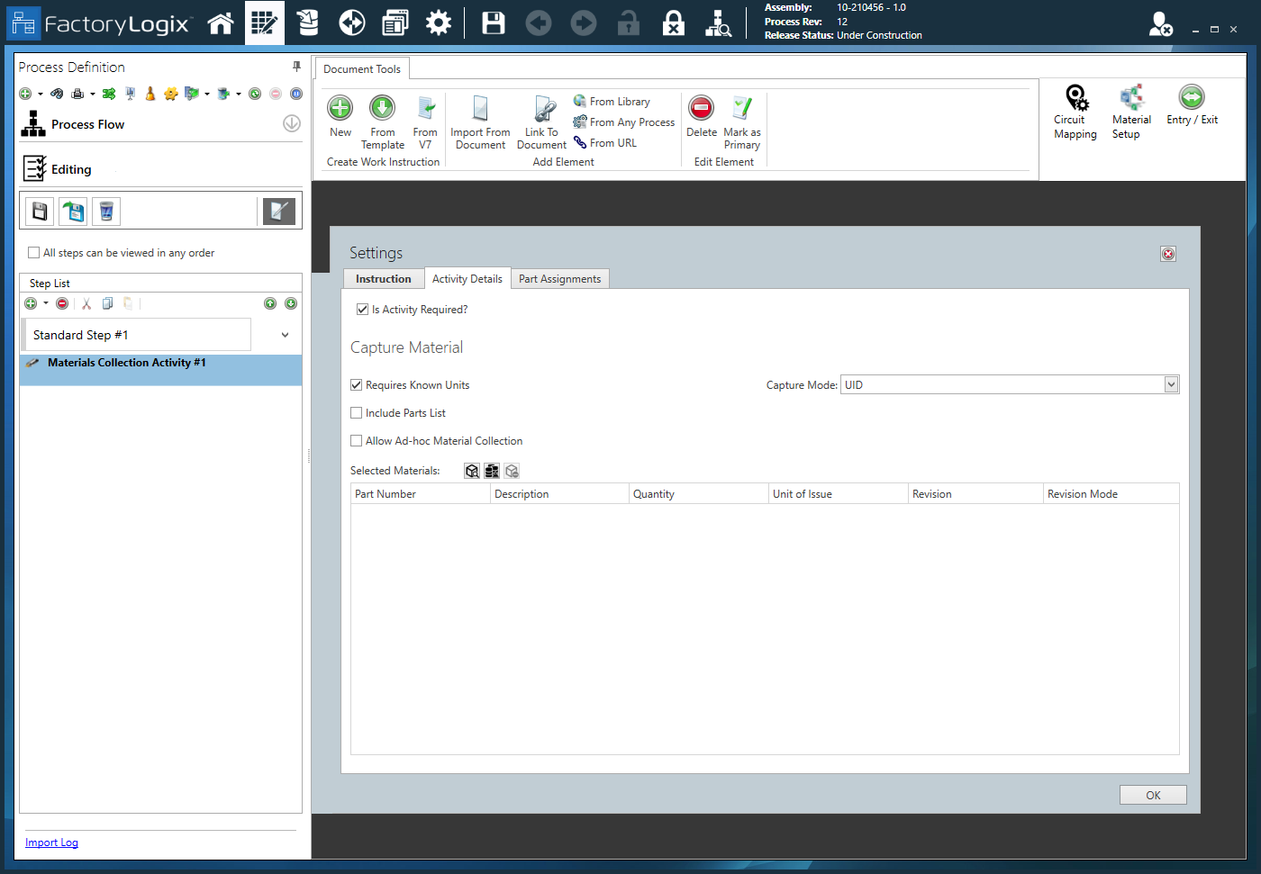Activity Details tab Mat Collection Activity