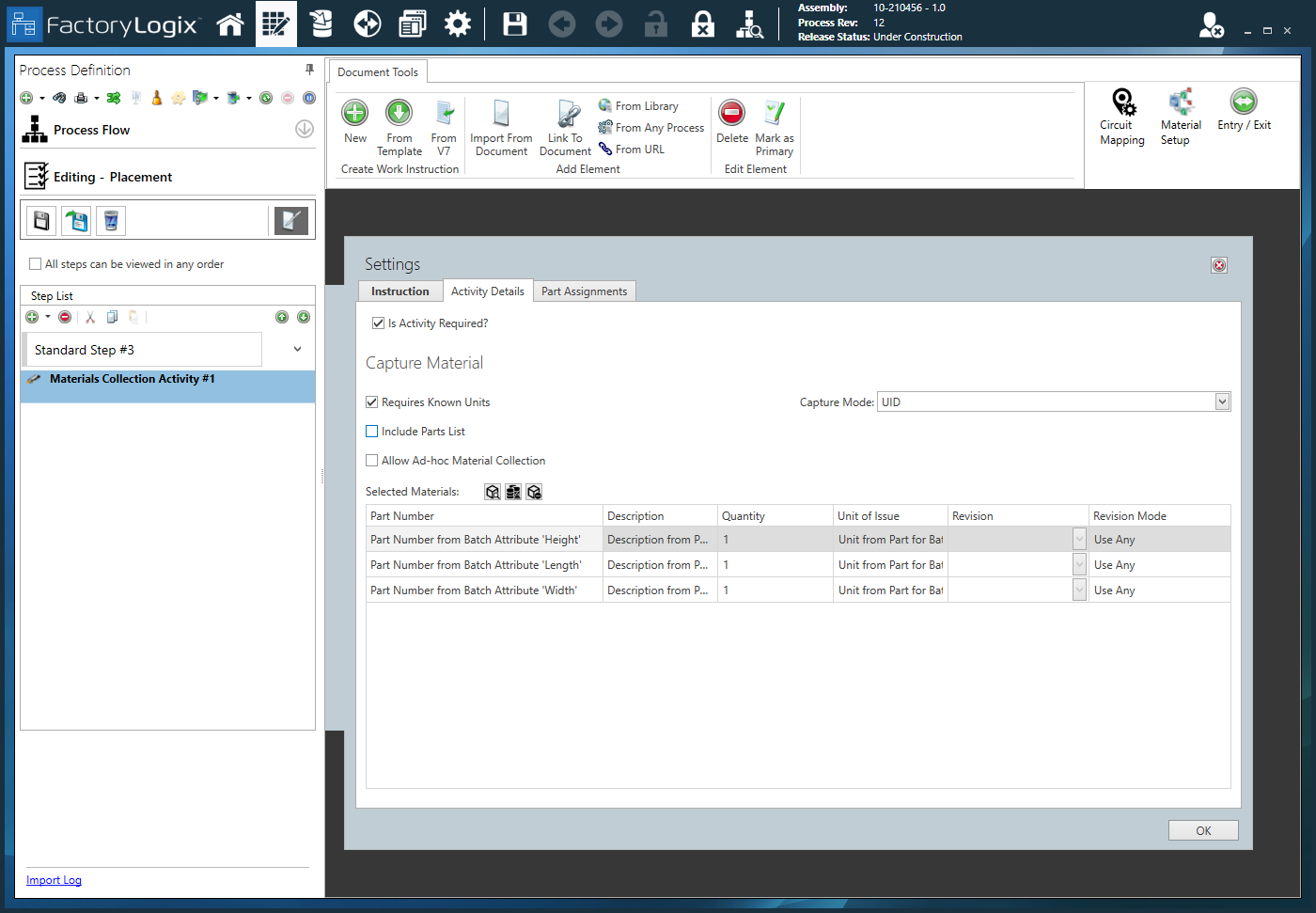 Selected materials - Batch Attributes
