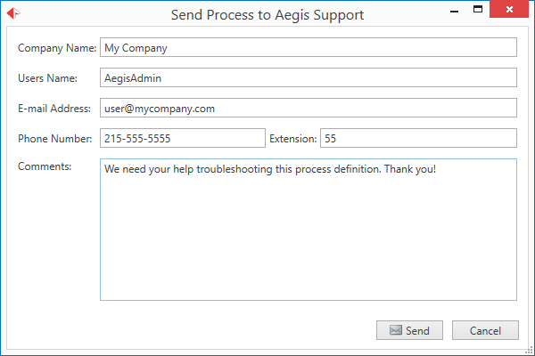 Send Process to Aegis Support dialog