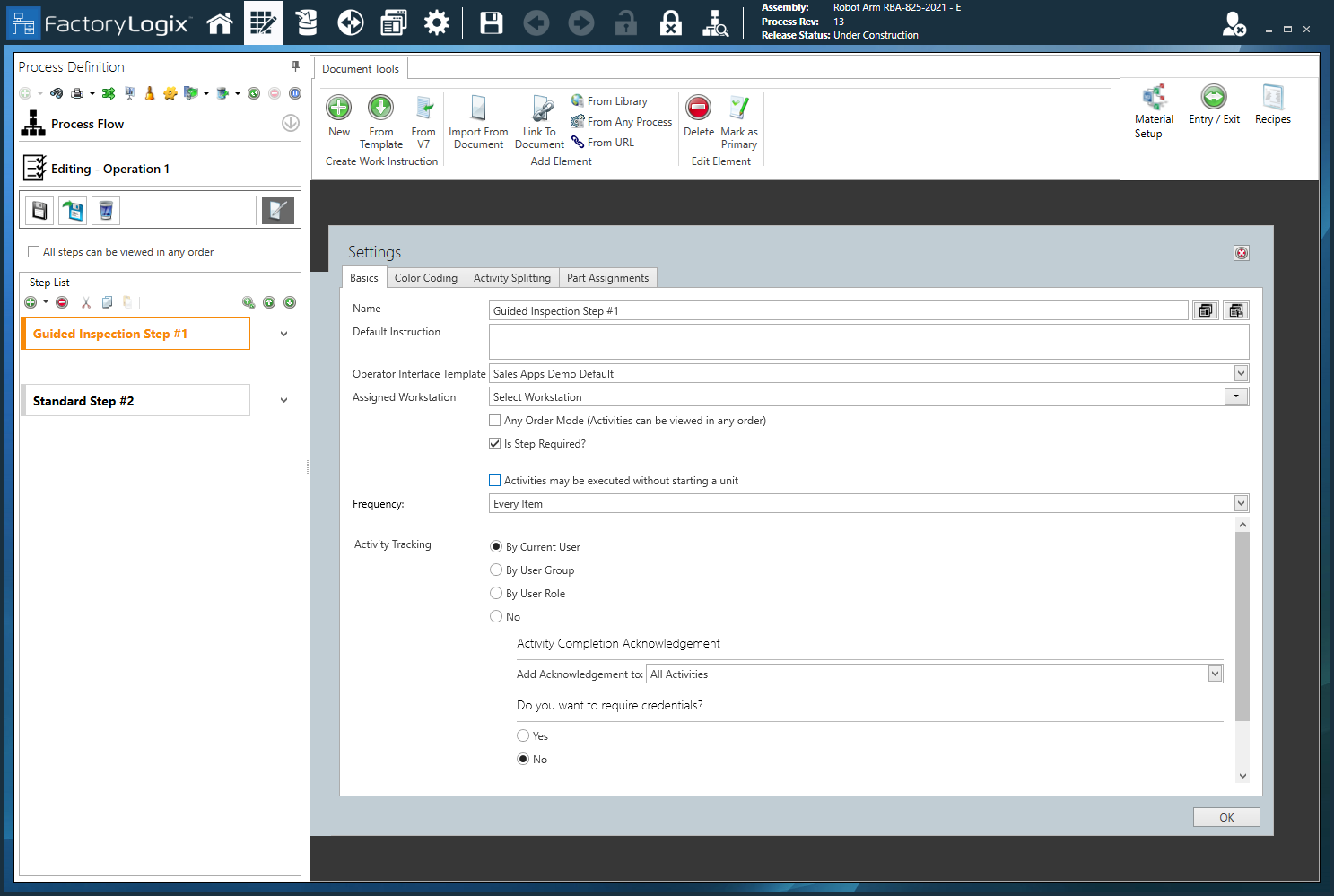 Guided Inspection Step - Settings dialog