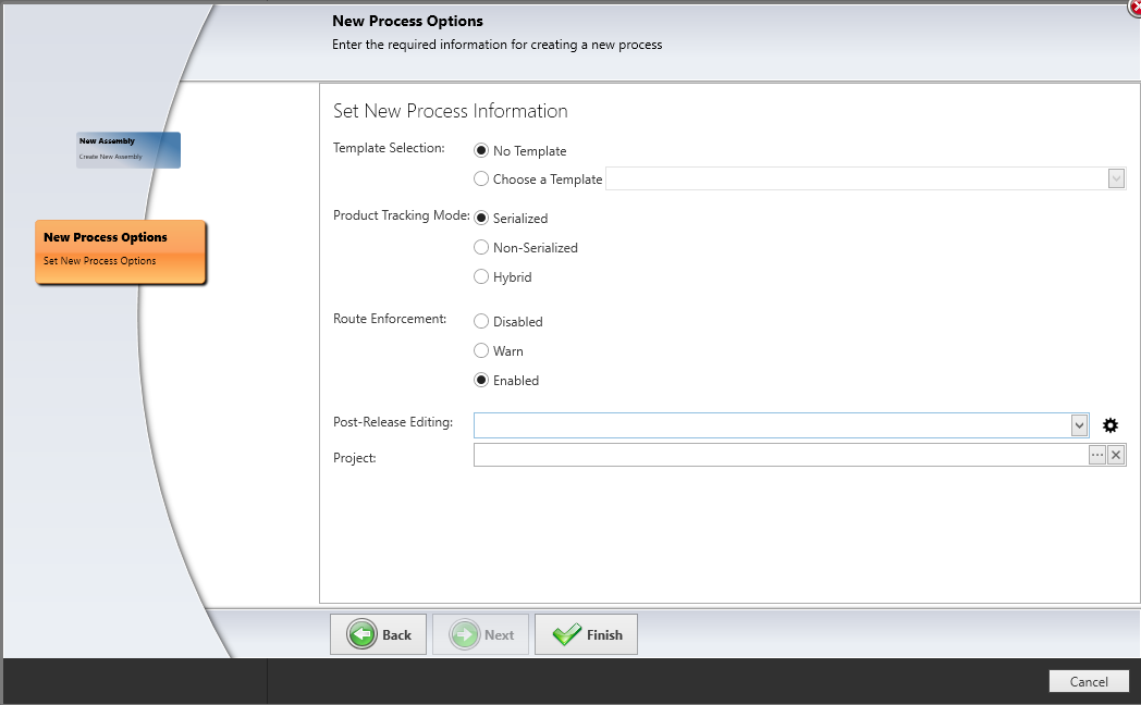 New Process Options page
